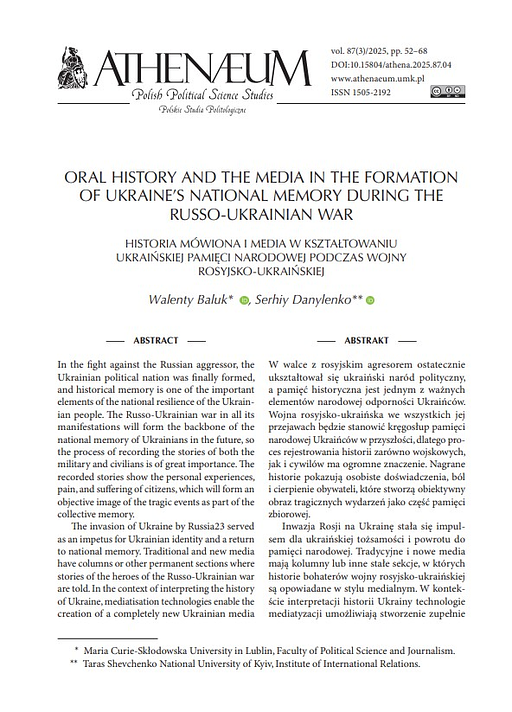 Oral History and the Media in the Formation of Ukraine’s National Memory during the Russo-Ukrainian War