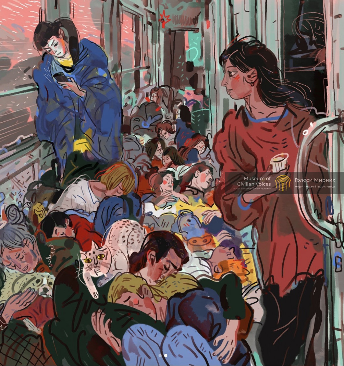 Exhausted people sleep on the floor of the Poltava-Lviv evacuation train