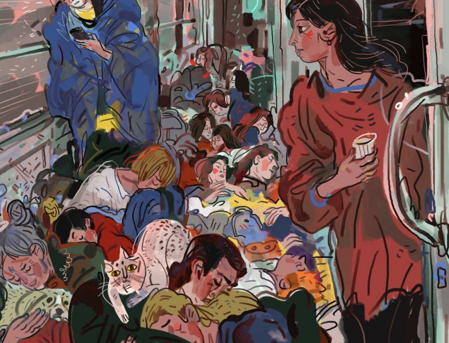 "Exhausted people sleep on the floor of the Poltava-Lviv evacuation train"